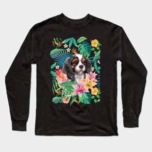 Tropical Tri-color Cavalier King Charles Spaniel Puppy Long Sleeve T-Shirt